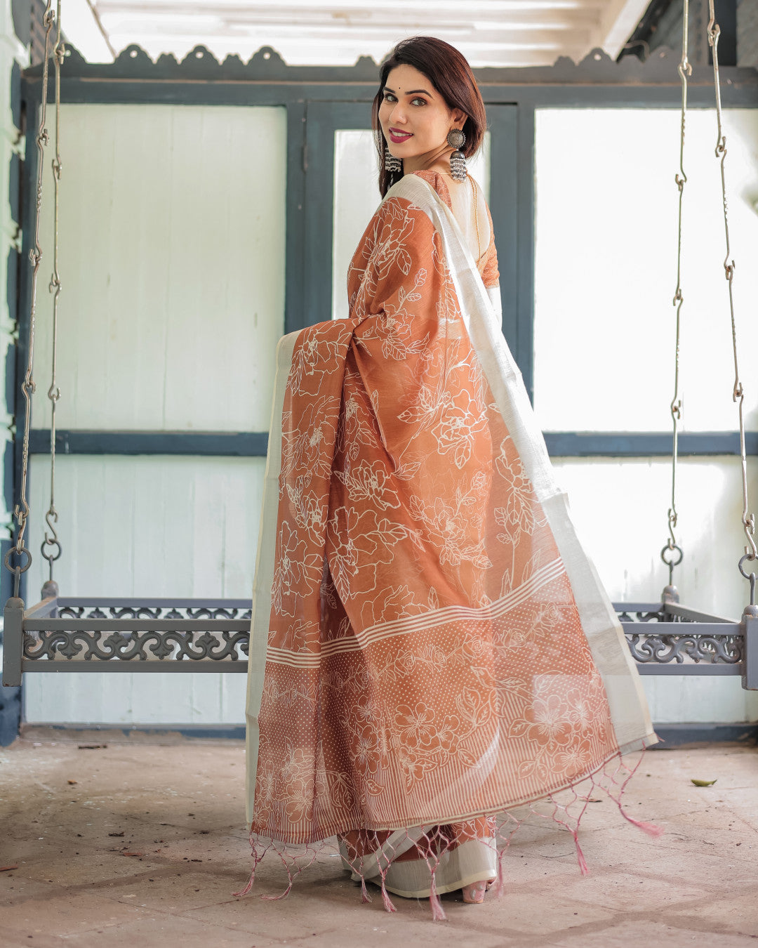 Coffee Digital Printed Linen Cotton Saree | Summer Special Office & Casual Wear – JaipurSaaj