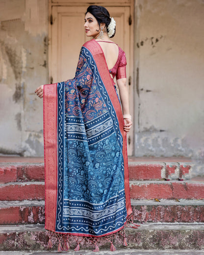 Navy Blue Tussar Silk Saree With Digital Kalamkari Print & Zari Motif Border | Casual & Festive Wear – JaipurSaaj
