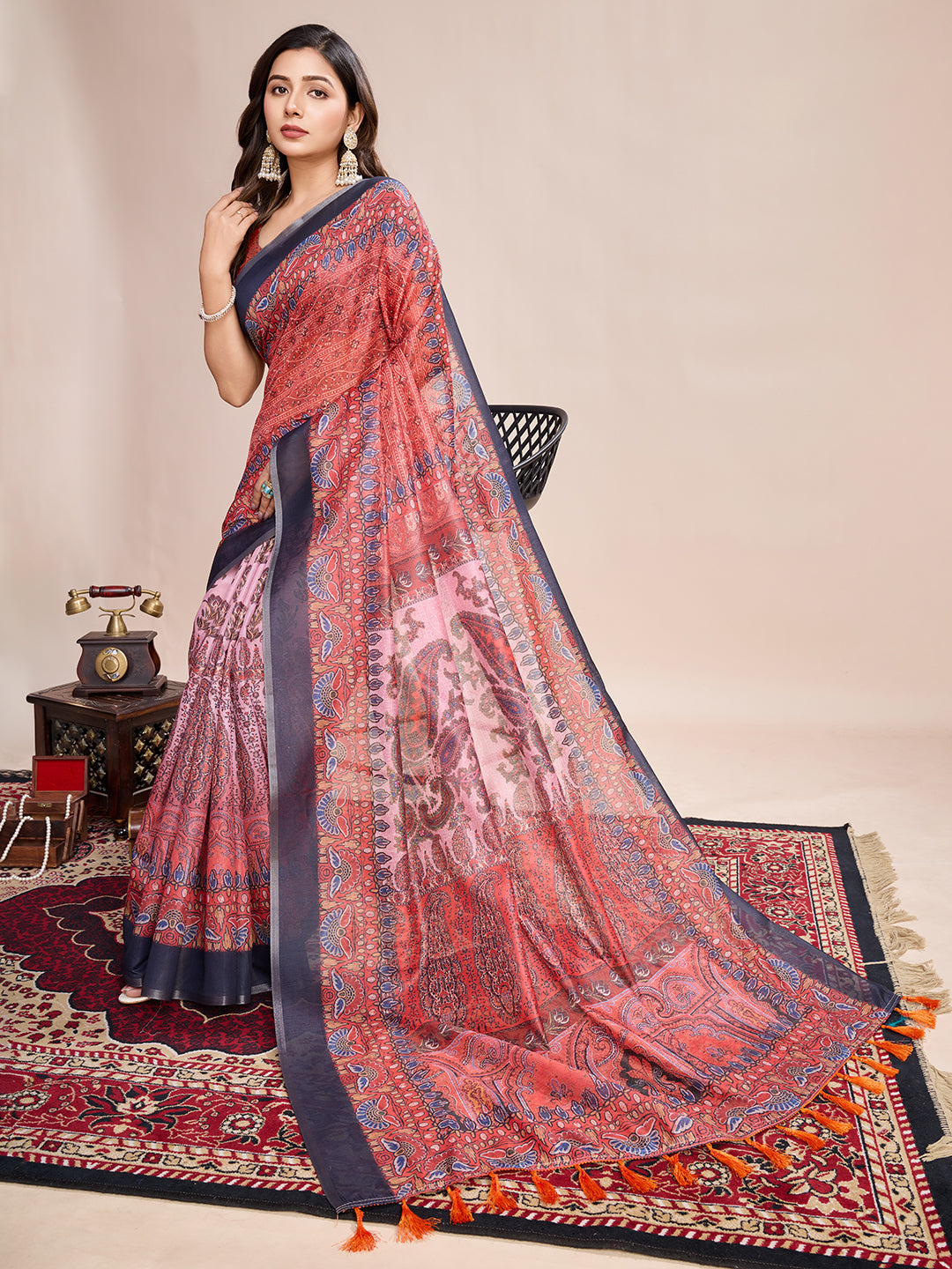 Multi Soft Linen Cotton Saree With Kalamkari Printed Work