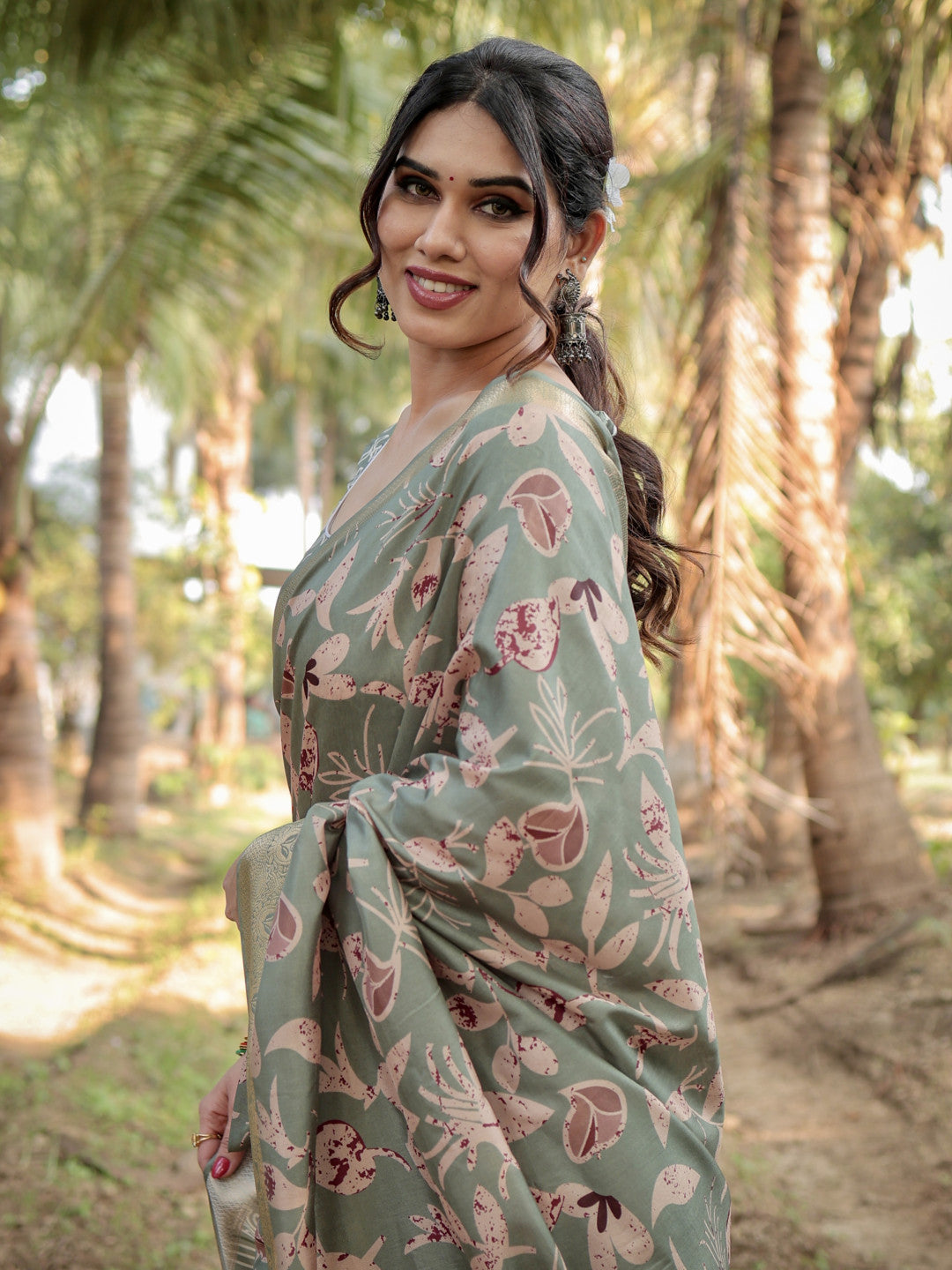 Olive Green Tussar Silk Saree with Floral Woven Motifs & Zari Border | Traditional Festive Wear – JaipurSaaj