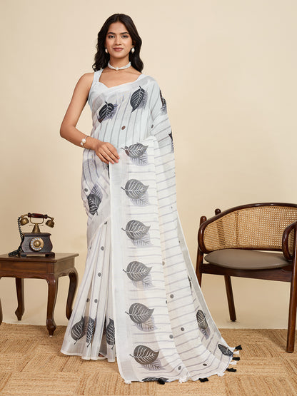 White Linen Cotton Saree With Digital Printed Work And Silver Zari Border