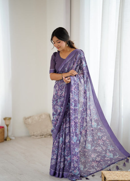 Lavender Linen Cotton Saree With Flower Digital Printed Work