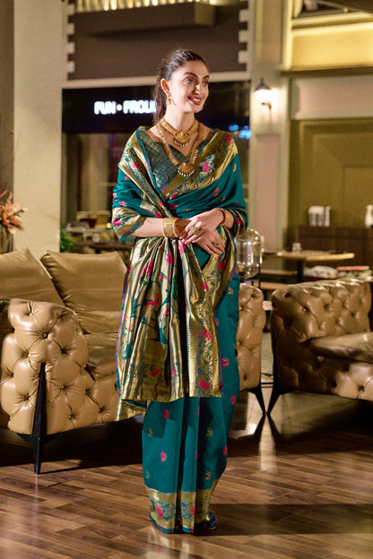 Traditional Morpich Paithani Silk Saree With Zari Weaving Work