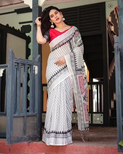 White Summer Special Digital Printed Linen Cotton Saree