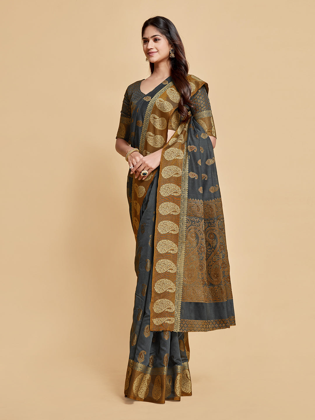 Gray Chanderi Cotton Saree With Woven Design | Traditional Festive Ethnic Wear – JaipurSaaj