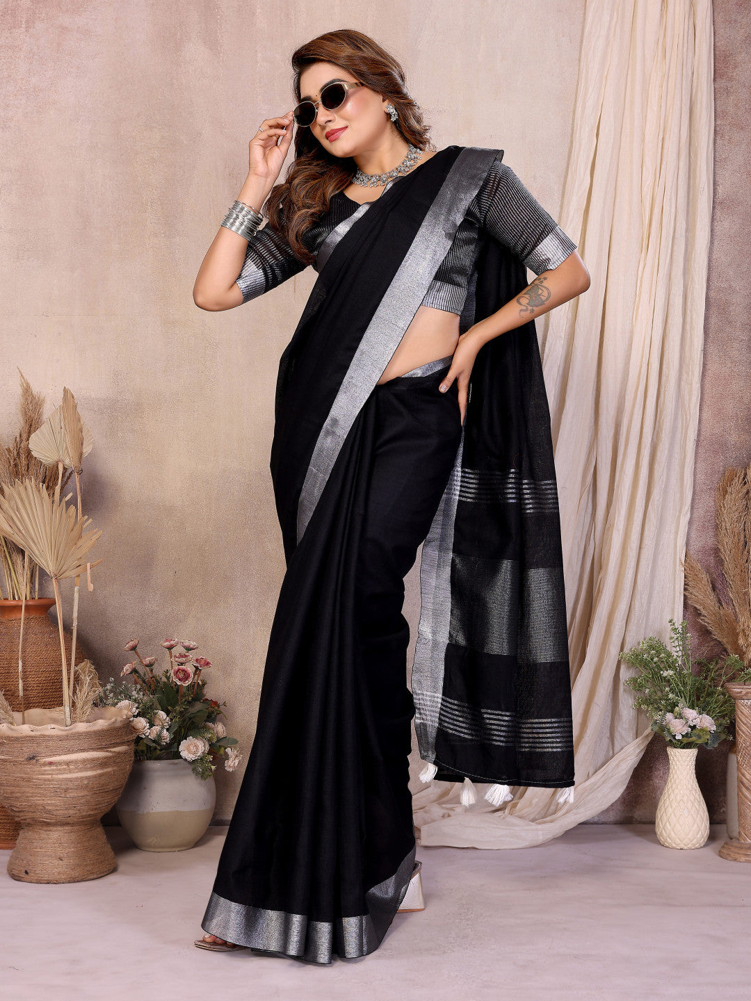 Black Linen Cotton Saree With Silver Zari Border
