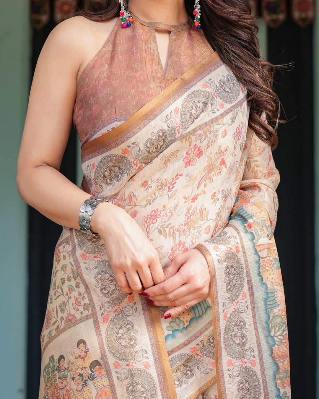Off White Soft Linen Cotton Saree with Kalamkari Printed Work | Summer Casual & Ethnic Wear – JaipurSaaj