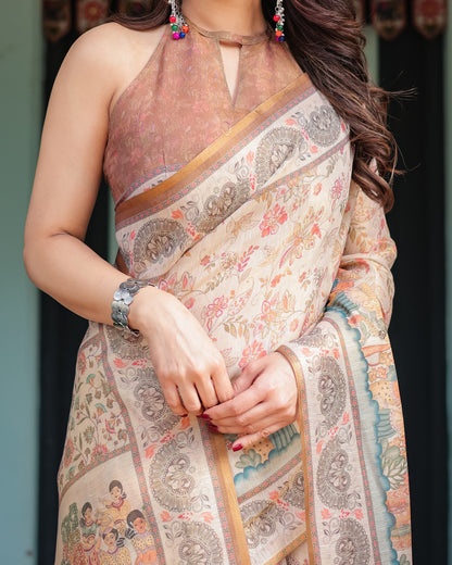 Off White Soft Linen Cotton Saree with Kalamkari Printed Work | Summer Casual & Ethnic Wear – JaipurSaaj