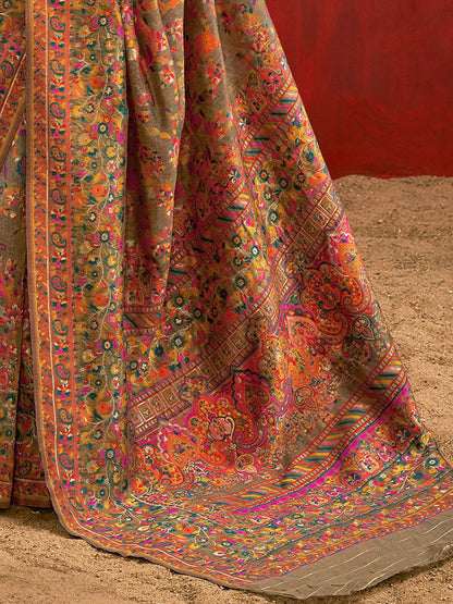Gray Pashmina Silk Saree With Traditional Woven Design | Festive & Wedding Wear – JaipurSaaj