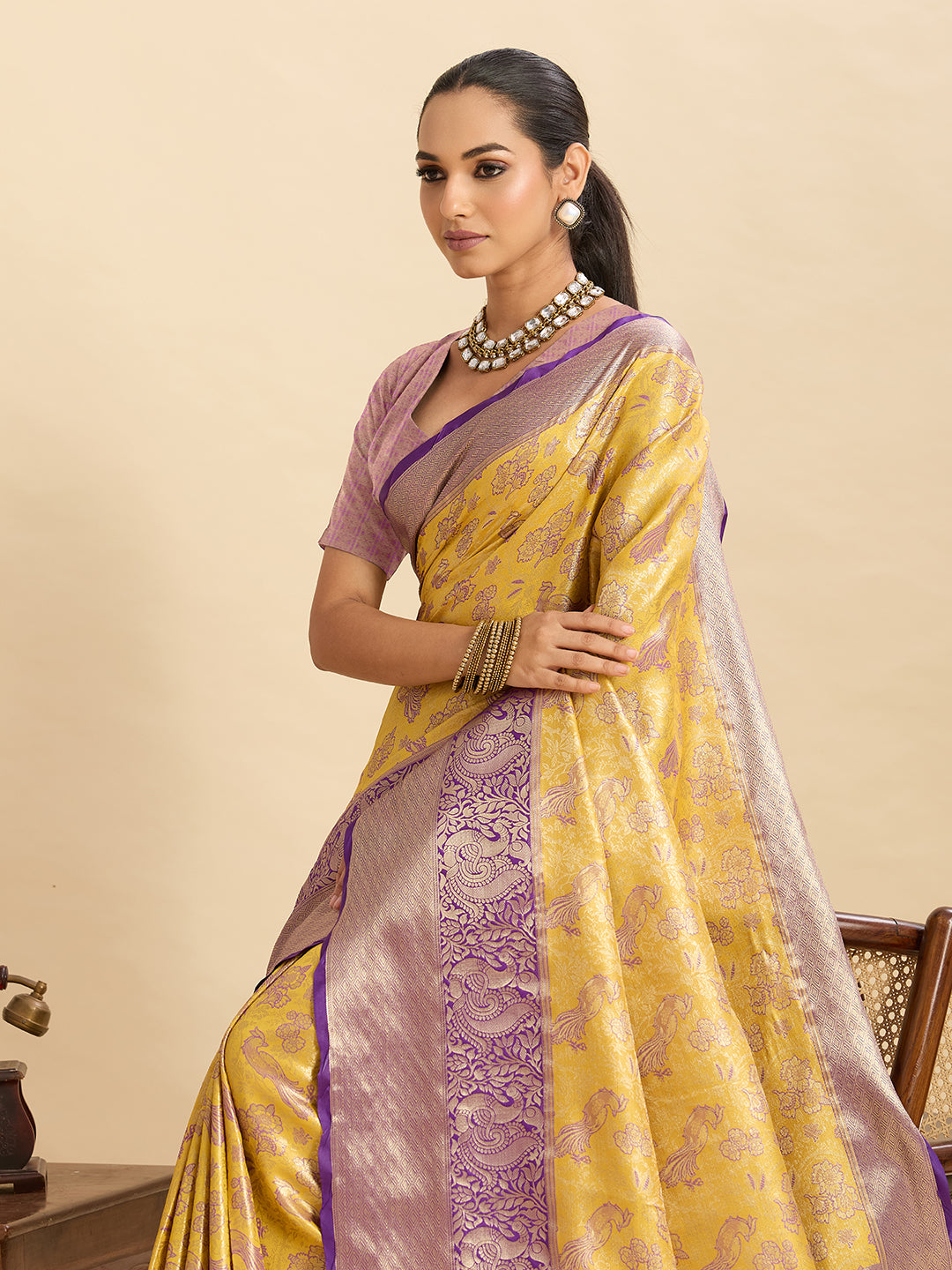 Yellow Kanjivaram Silk Saree with Zari Weaving Work & Big Border | Bridal Wedding Wear – JaipurSaaj