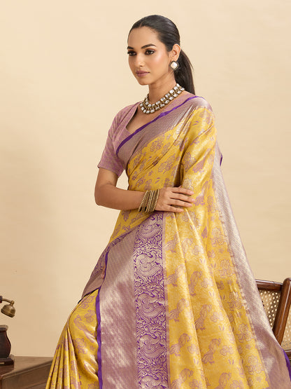 Yellow Kanjivaram Silk Saree with Zari Weaving Work & Big Border | Bridal Wedding Wear – JaipurSaaj