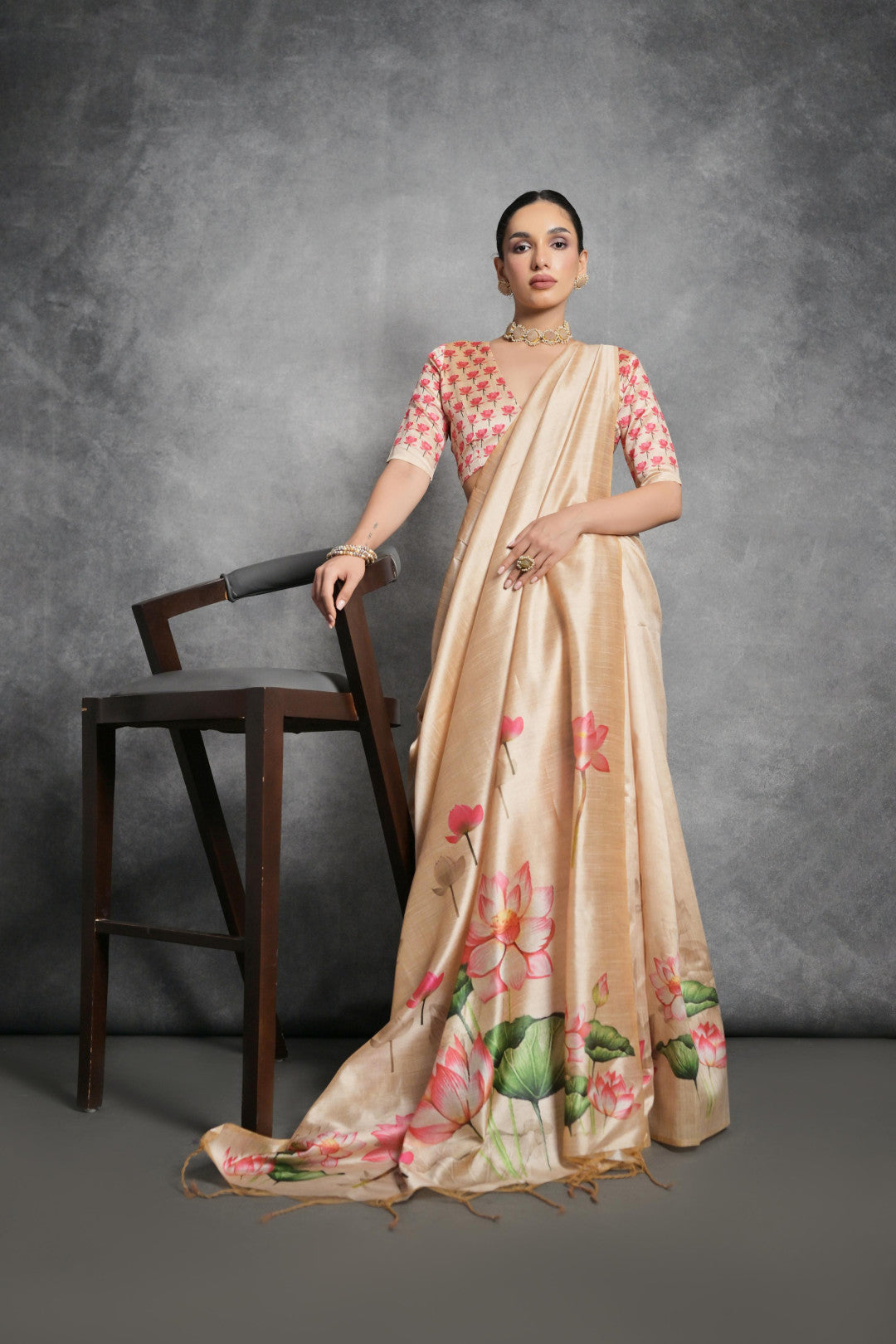 Yellow Tussar Silk Saree with Lotus Floral Printed Work | Festive & Party Wear – JaipurSaaj