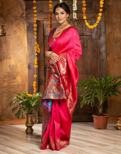 Traditional Pink Paithani Silk Saree With Zari Weaving Work