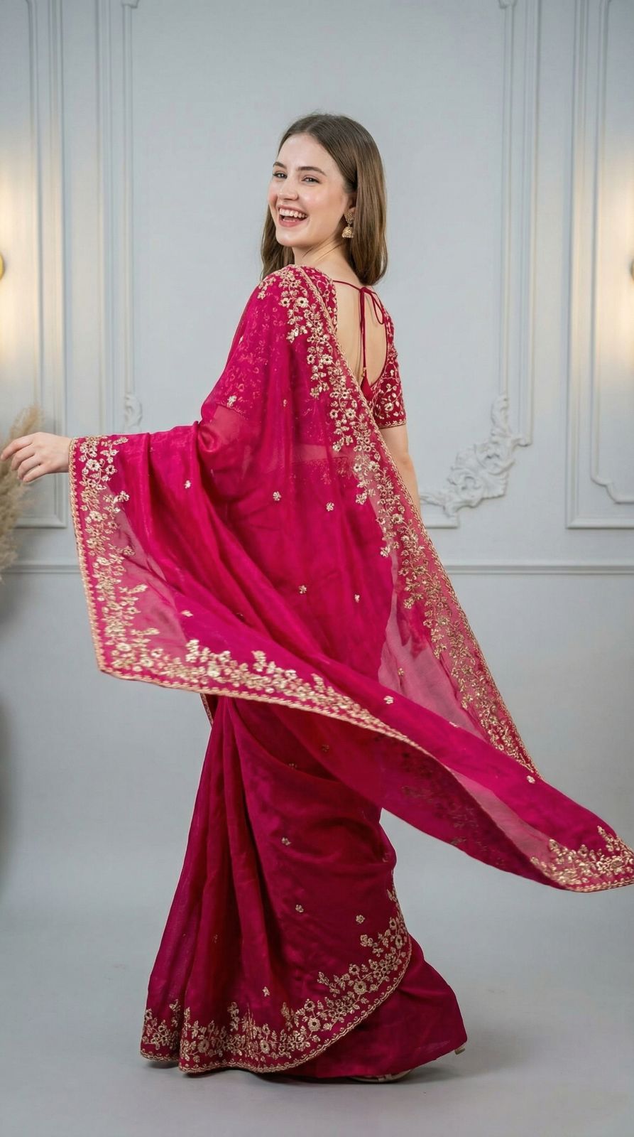 Pink Fandy Chiffon Silk Saree With Sequin Work & Cut Work Border | Party & Reception Wear – JaipurSaaj