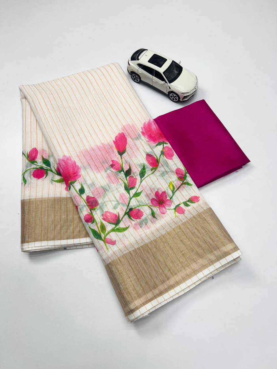 White Plain Mix Linen Cotton Saree With Digital Printed Work