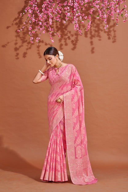 Pink Soft Cotton Saree With Lucknowi Work