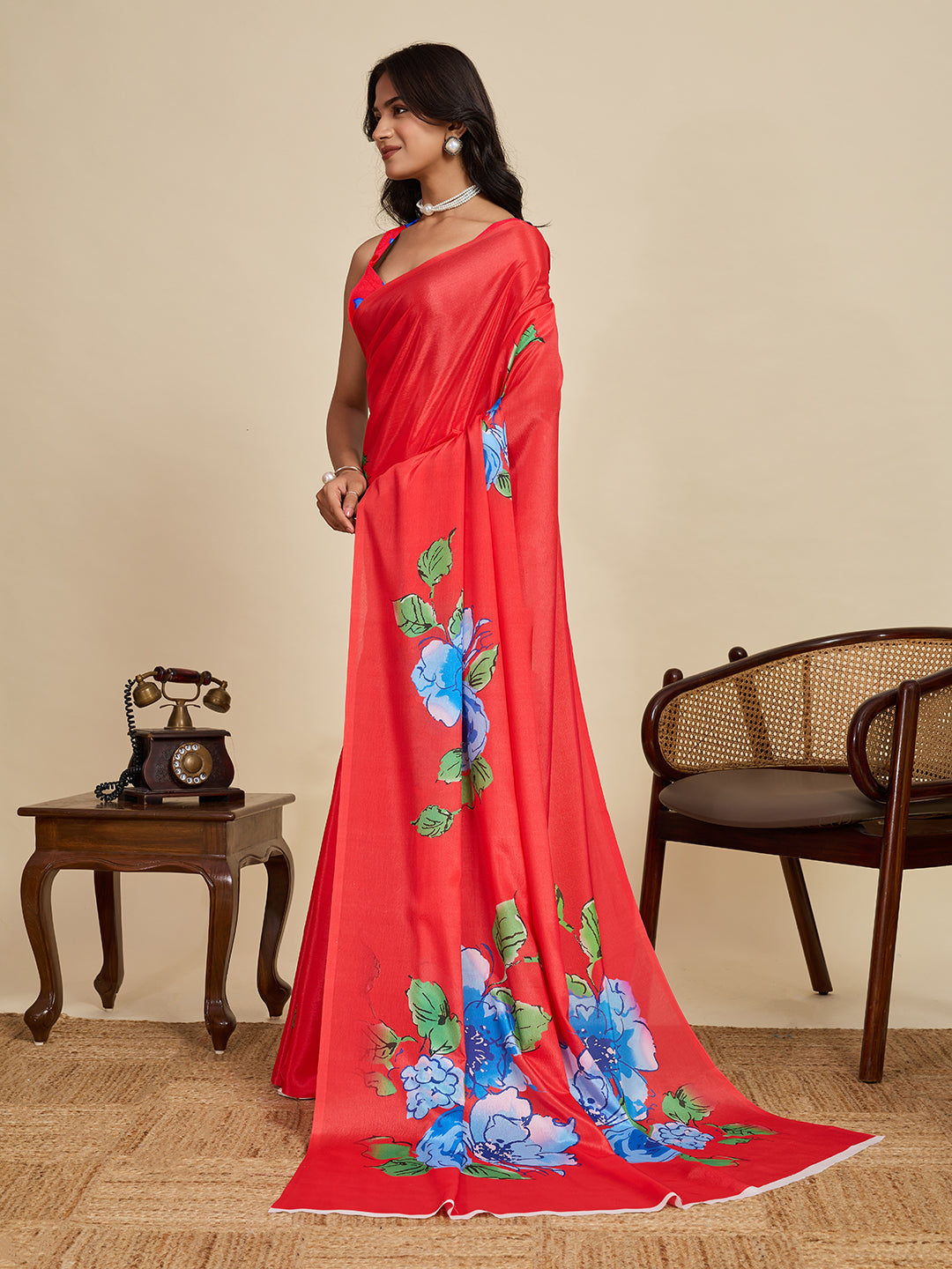 Red Soft Chinnon Silk Saree With Digital Printed Work