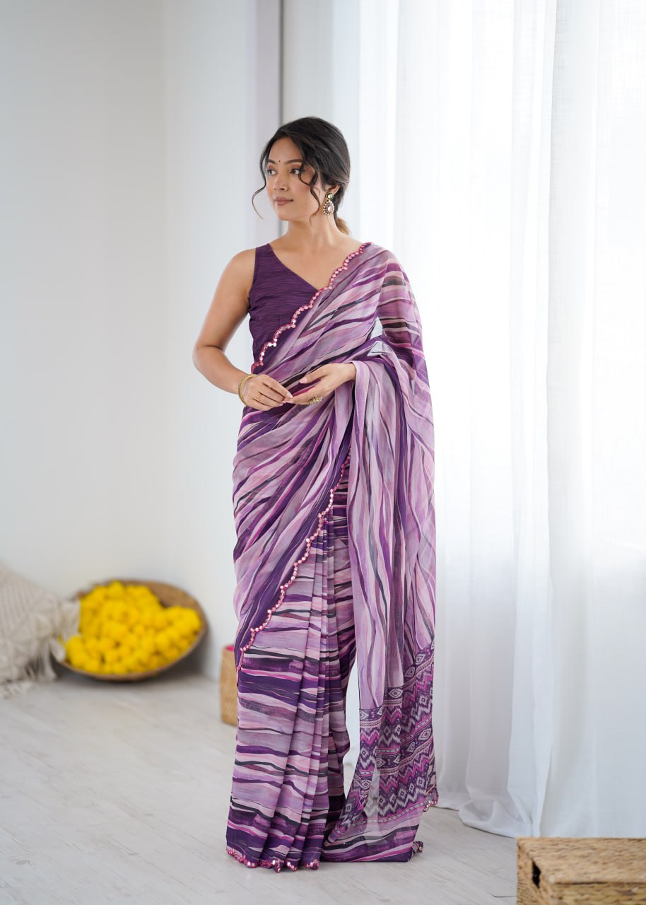 Magenta Georgette Saree With Printed And Mirror Work With Arco Border