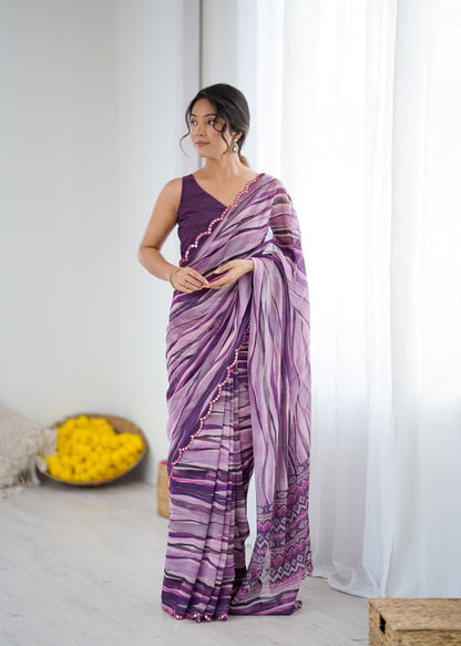 Magenta Georgette Saree With Printed And Mirror Work With Arco Border