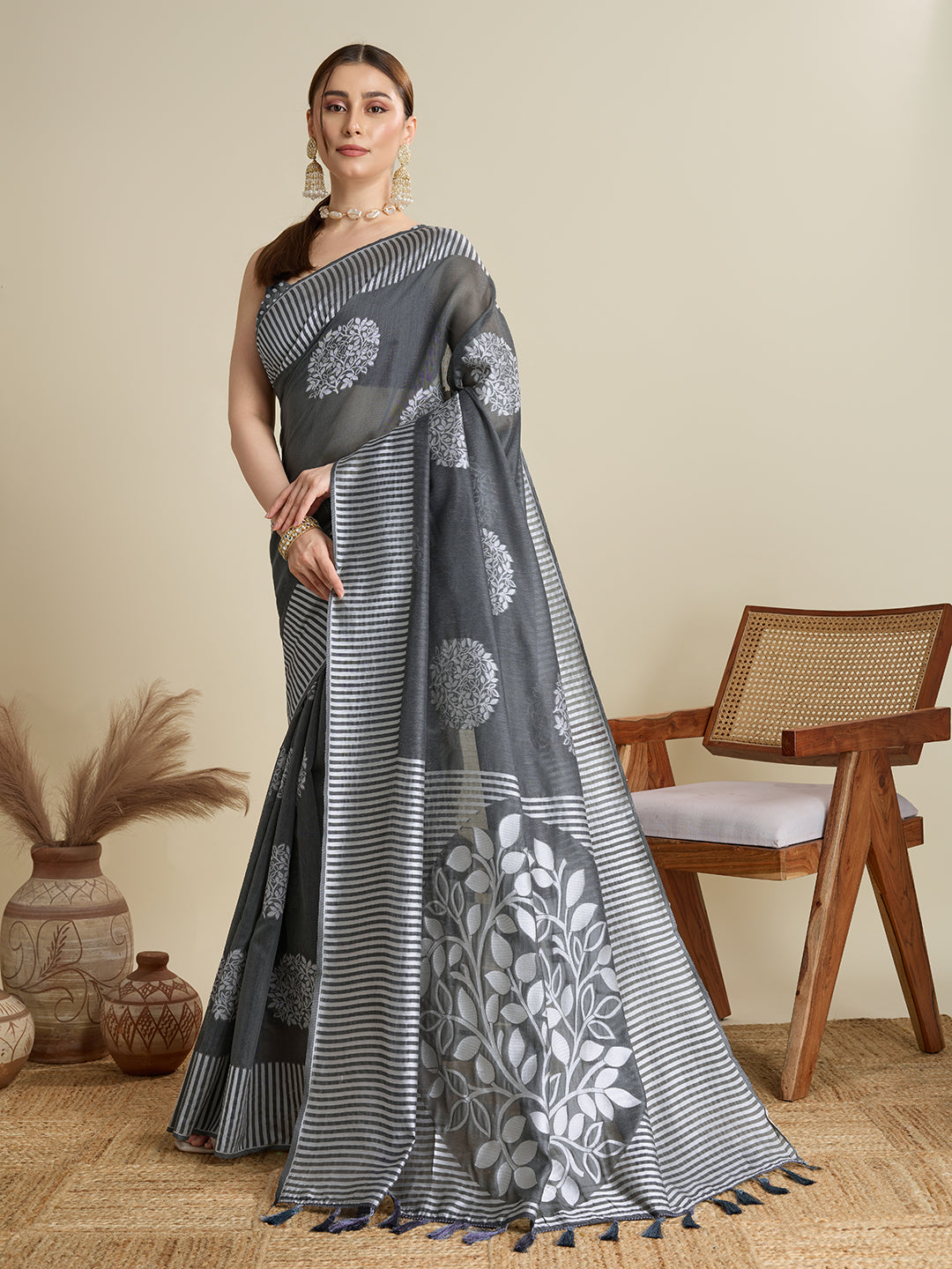 Gray Color Soft Silk Saree With Weaving Work Lining Border