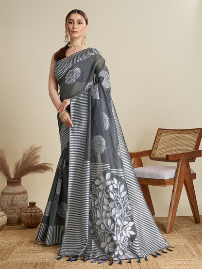 Gray Color Soft Silk Saree With Weaving Work Lining Border