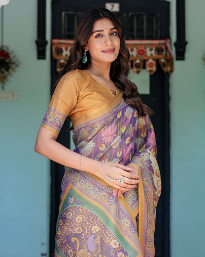 Multi Color Kalamkari Digital Printed Linen Cotton Saree | Summer Casual & Ethnic Wear – JaipurSaaj
