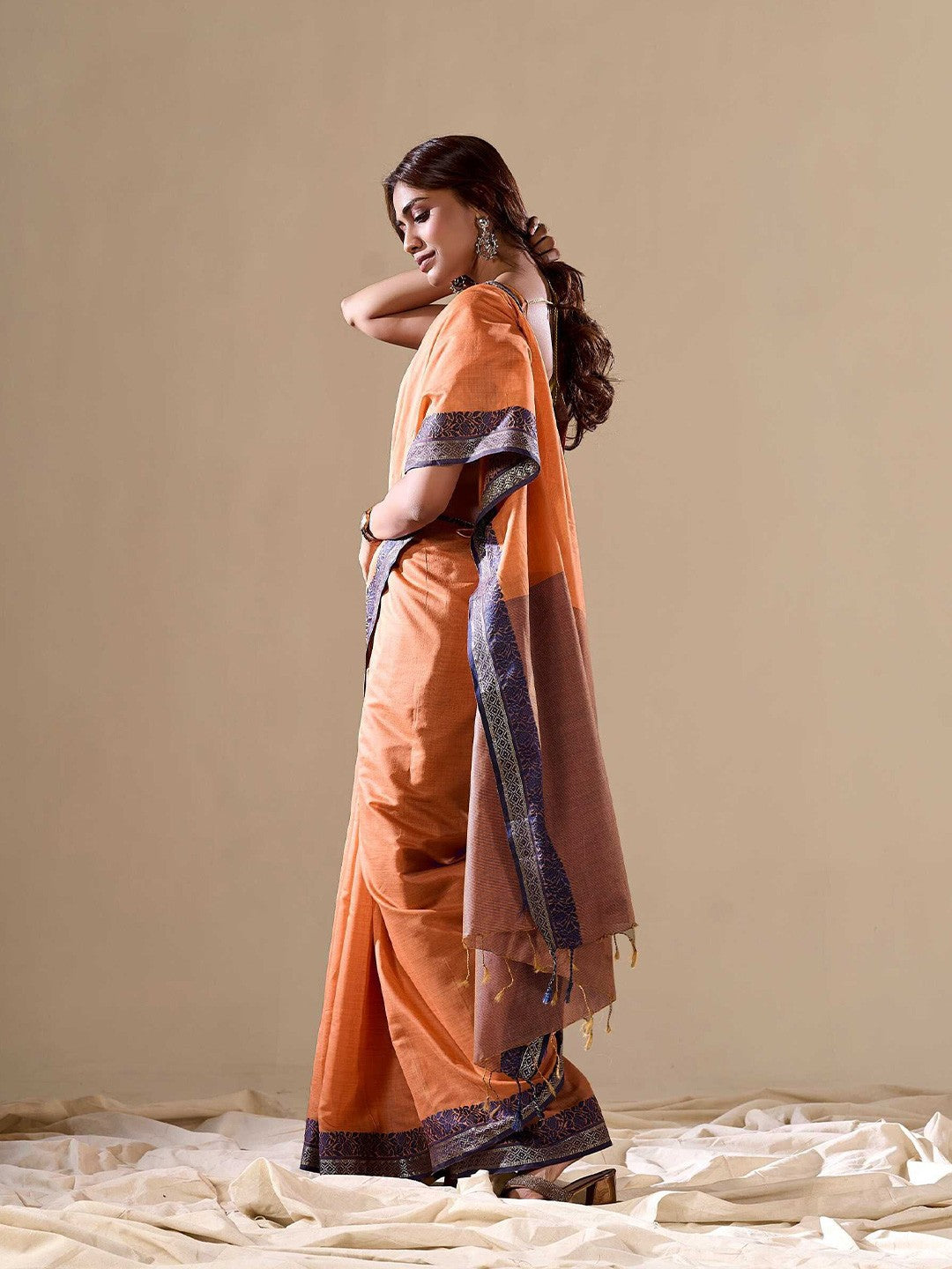 Orange linen cotton saree with weaving work
