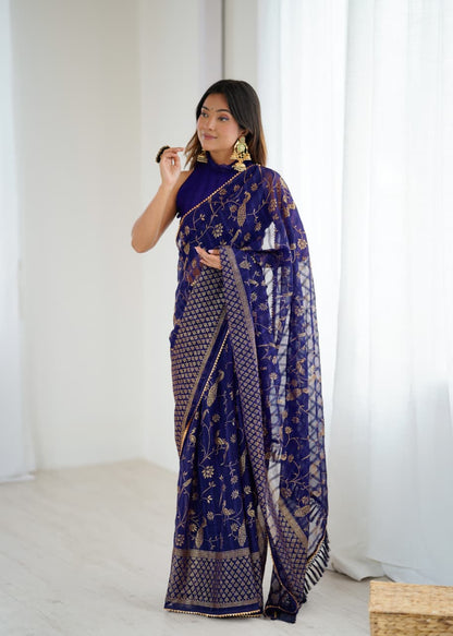 Violet Color Georgette Saree With Digital Printed Work And Lace Border