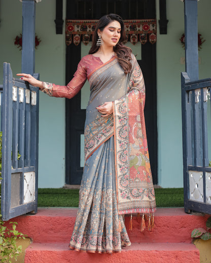 Blue Kalamkari Printed Linen Cotton Saree | Summer Casual & Ethnic Wear – JaipurSaaj