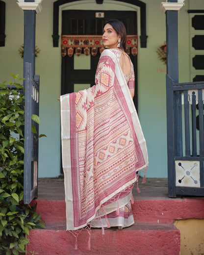 Multi Color Digital Printed Linen Cotton Saree | Summer Special Casual & Office Wear – JaipurSaaj