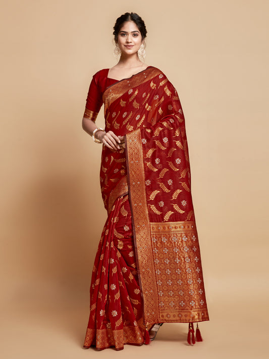 Red Soft Linen Silk Saree With Zari Weaving Work