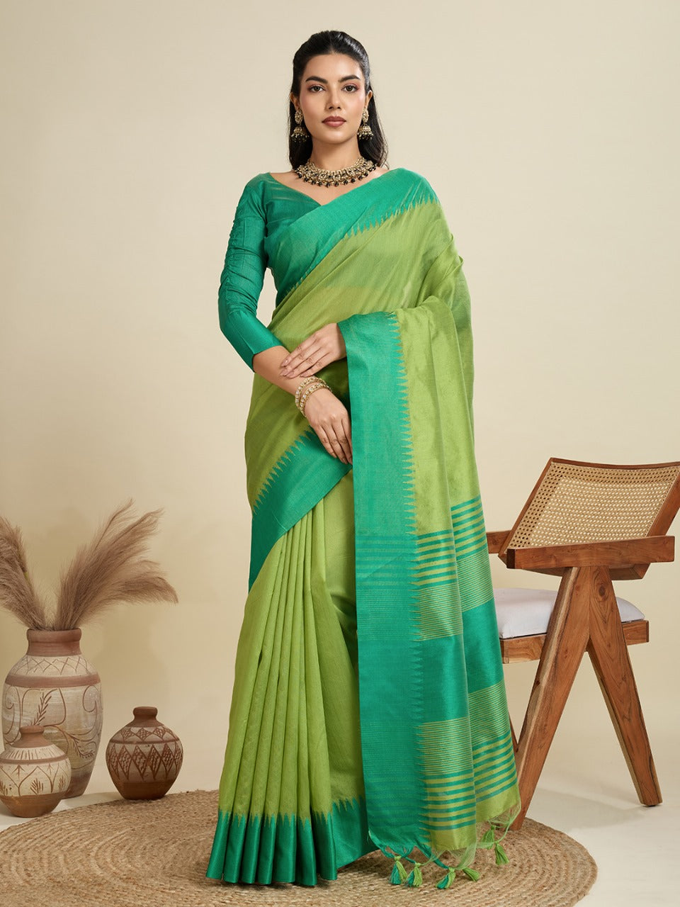 Parrot Green Color Khadi Raw Silk Saree With Zari Lining Pallu With Tample Border