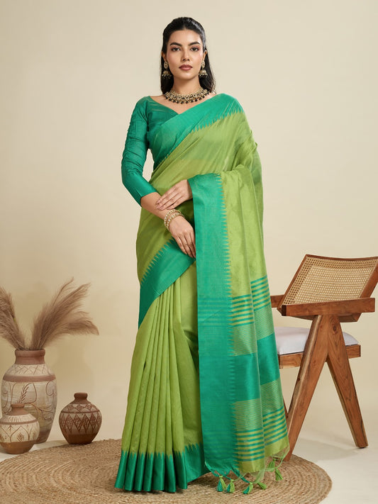 Parrot Green Color Khadi Raw Silk Saree With Zari Lining Pallu With Tample Border