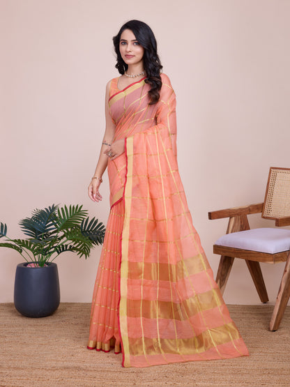 Peach Kota Doriya Saree With Zari Weaving Work
