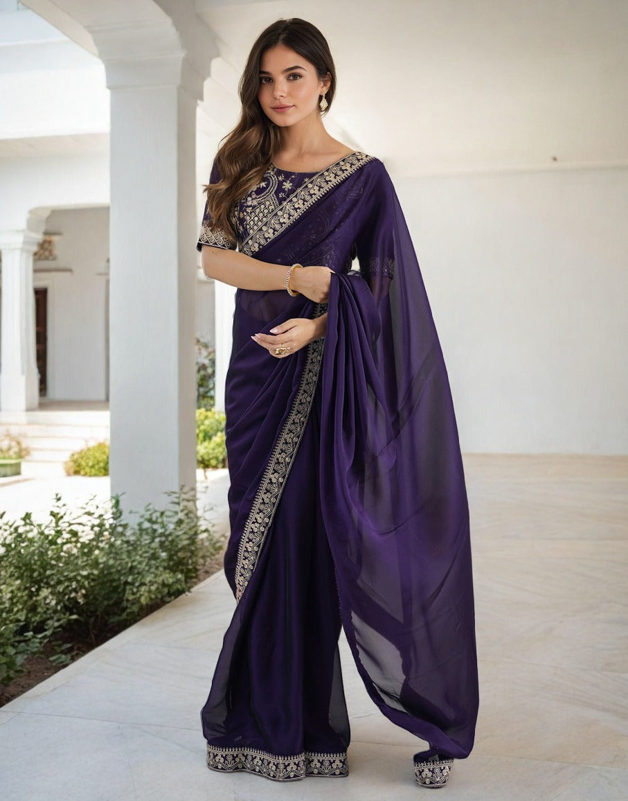 Purple Fancy Rangoli Silk Saree Coding Sequence Work And Multi Lace Border