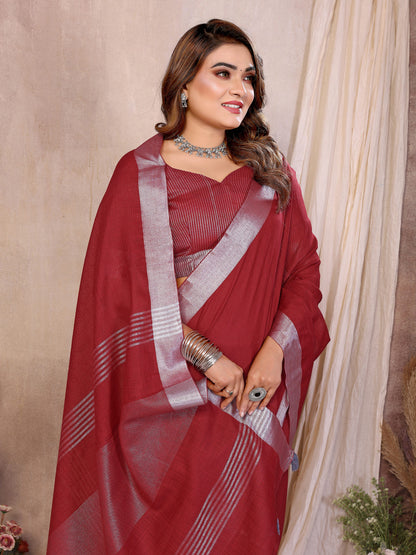 Red Linen Cotton Saree With Silver Zari Border