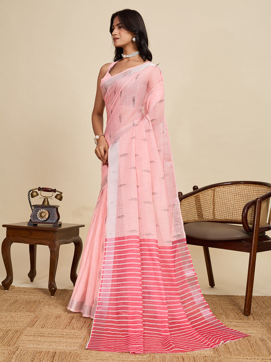Baby Pink Linen Cotton Saree With Digital Printed Work And Silver Zari Border