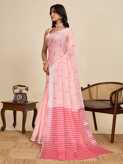Baby Pink Linen Cotton Saree With Digital Printed Work And Silver Zari Border