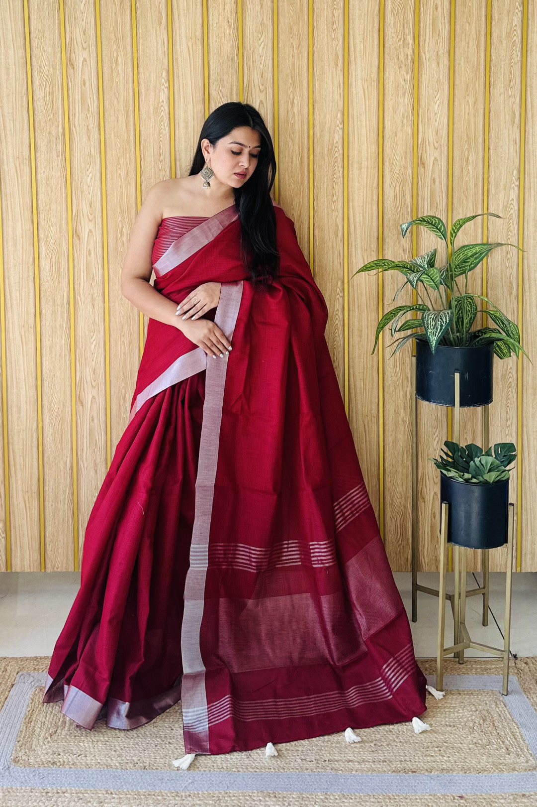 Maroon Linen Cotton Saree With Silver Zari Border