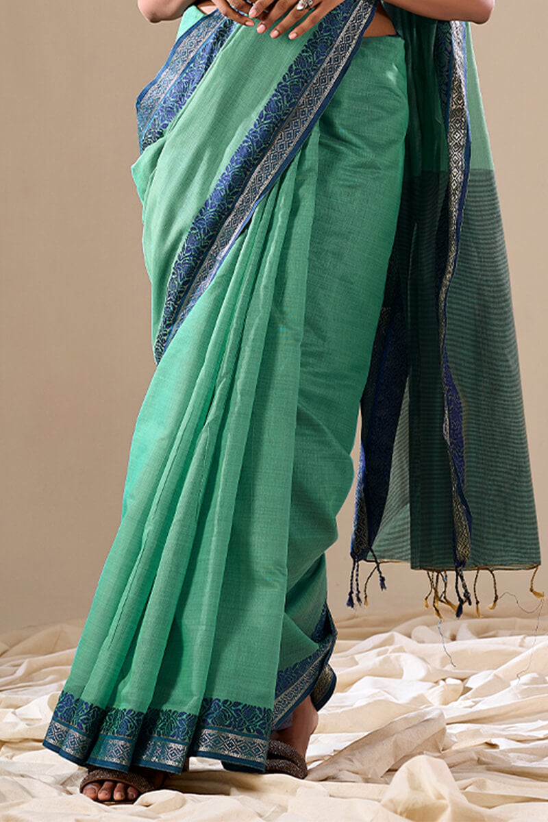 Sea Green Linen Cotton Saree With Weaving Work
