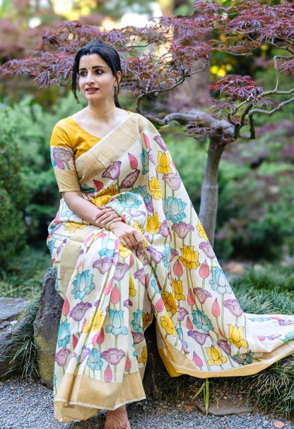 Multi Color Plain Mix Linen Cotton Saree With Digital Printed Work
