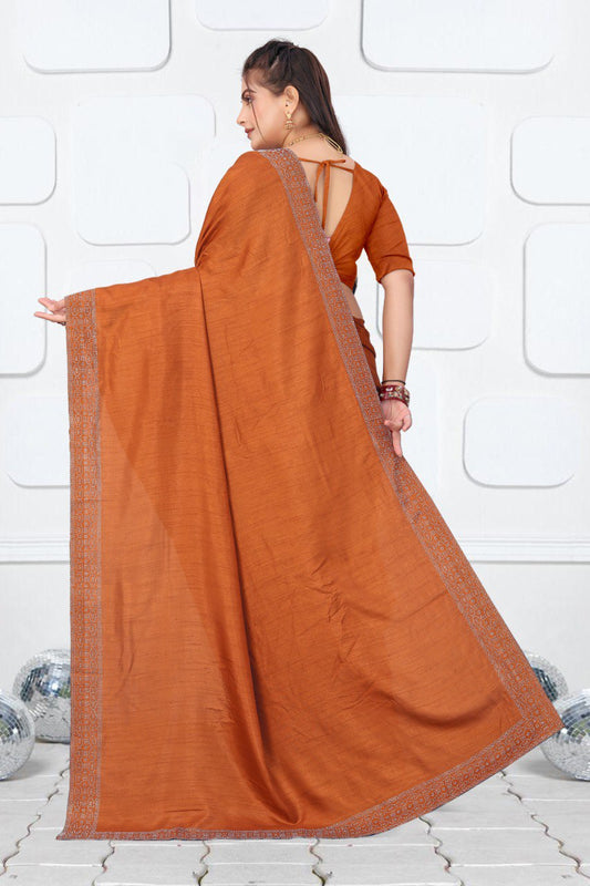 Orange Dola Silk Saree With Siroski Work Border