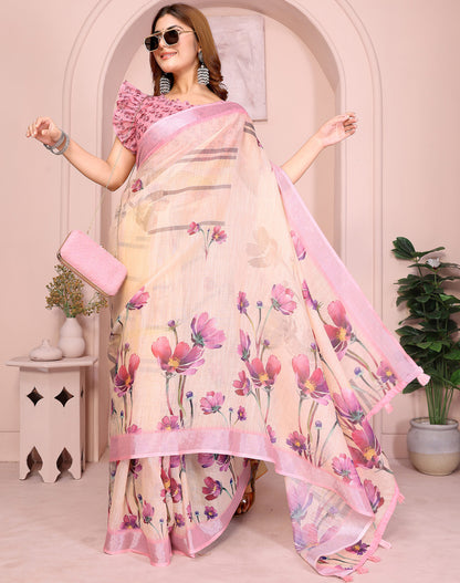 Light Yellow Linen Cotton Saree With Digital Printed Work And Silver Zari Border