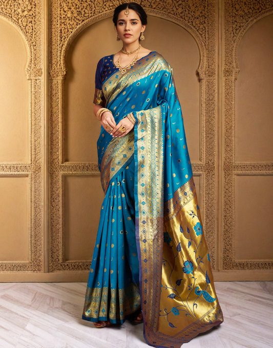 Traditional Firoji Paithani Silk Saree With Zari Weaving Work