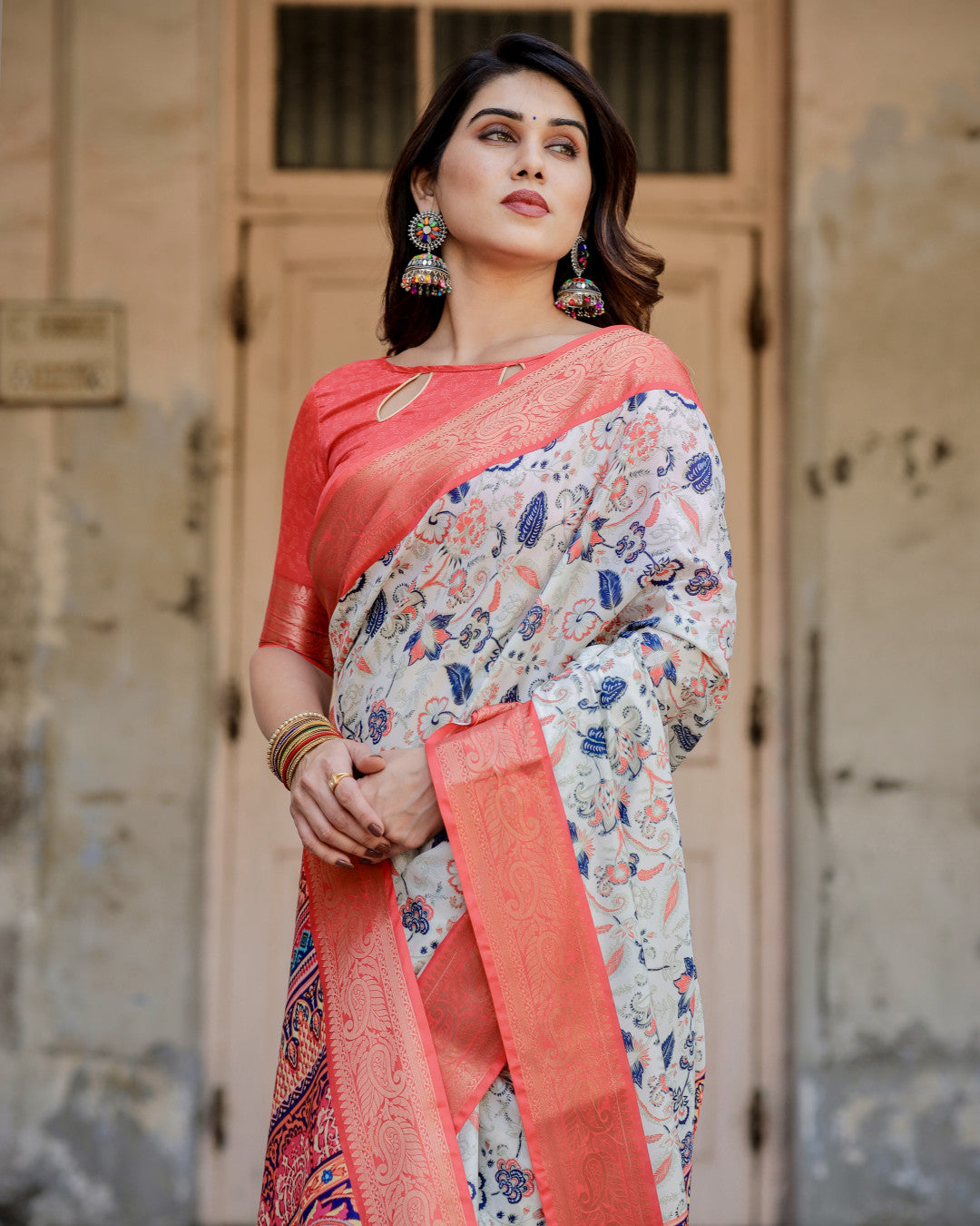 Multi Color Digital Printed Tussar Silk Saree With Zari Motif Border | Designer Festive Ethnic Wear – JaipurSaaj