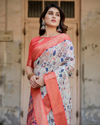 Multi Color Digital Printed Tussar Silk Saree With Zari Motif Border | Designer Festive Ethnic Wear – JaipurSaaj