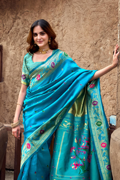 Traditional Blue Paithani Silk Saree With Zari Weaving Work