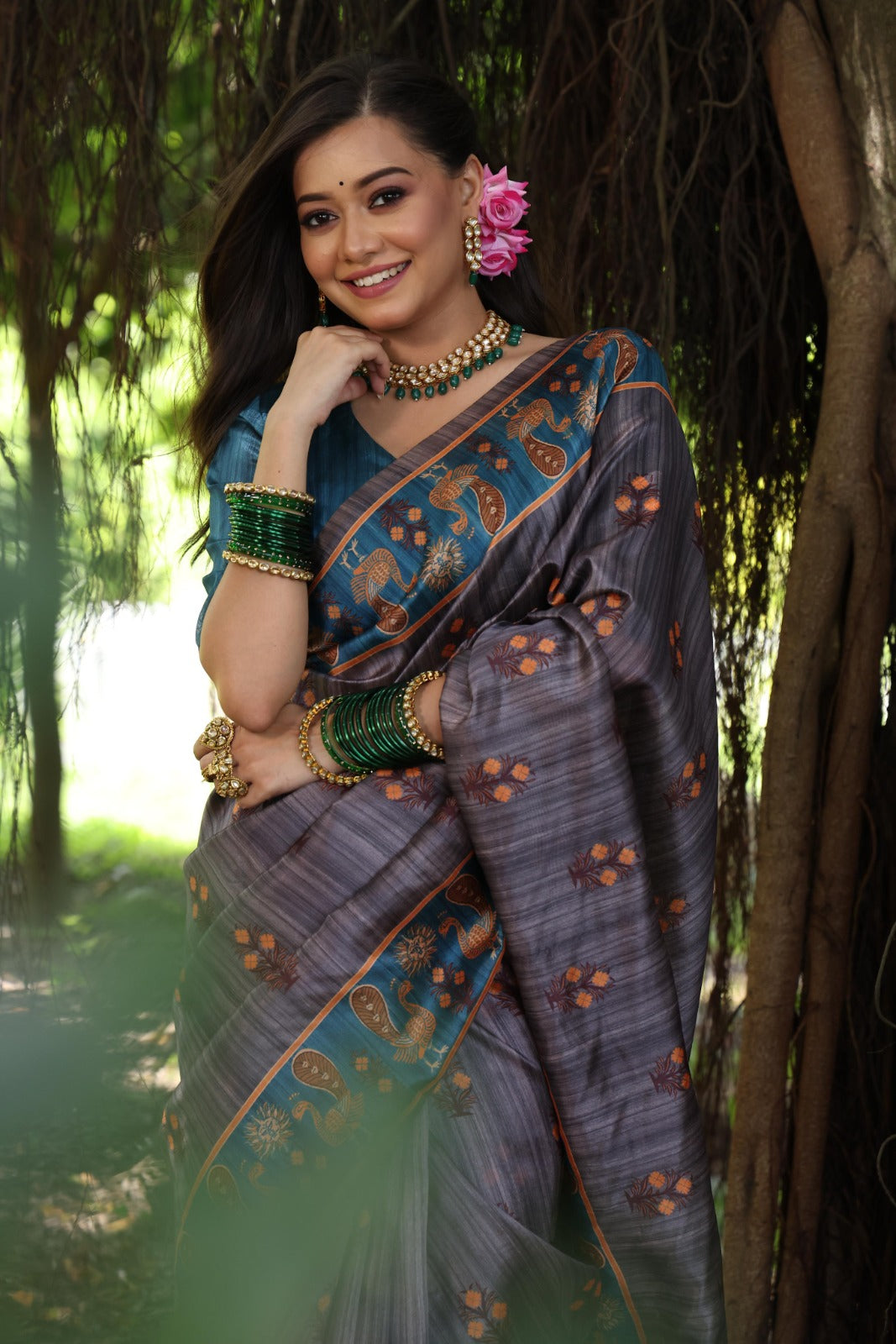 Purple Peacock Printed Tussar Silk Saree | Traditional Festive Ethnic Wear – JaipurSaaj