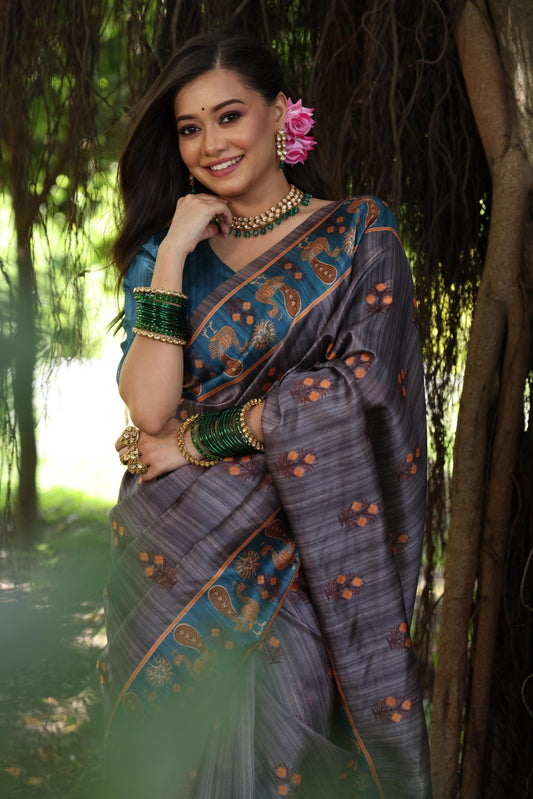 Purple Peacock Printed Tussar Silk Saree | Traditional Festive Ethnic Wear – JaipurSaaj