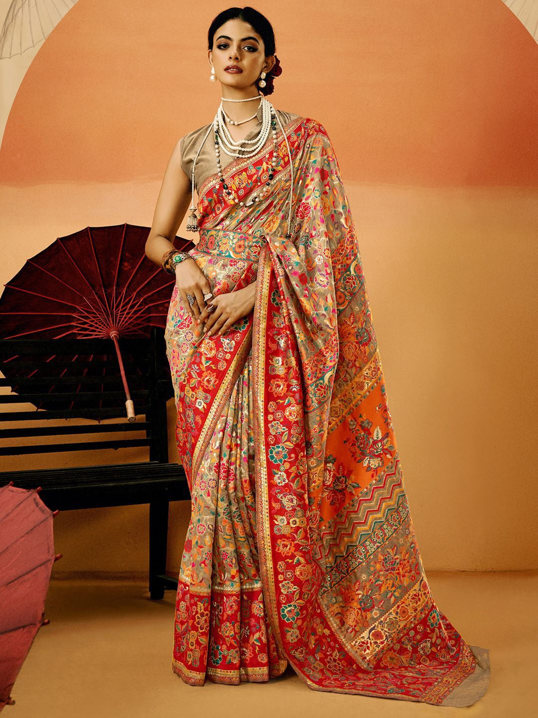 Gray Pashmina Silk Saree With Traditional Woven Design | Festive & Wedding Wear – JaipurSaaj